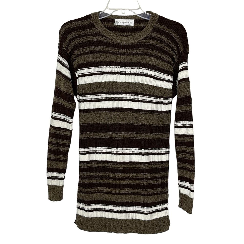 Paris Sport Club Brown White Striped Long Sleeve Tunic Sweater Womens Small READ